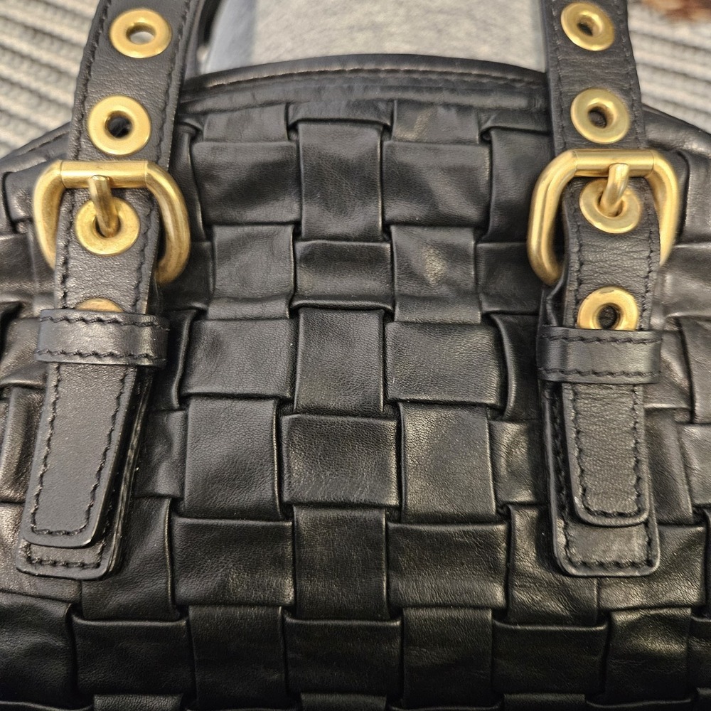 Escada Woven Satchel Shoulder Leather Bag Top Handle Gold Hardware Black - Picture 12 of 12